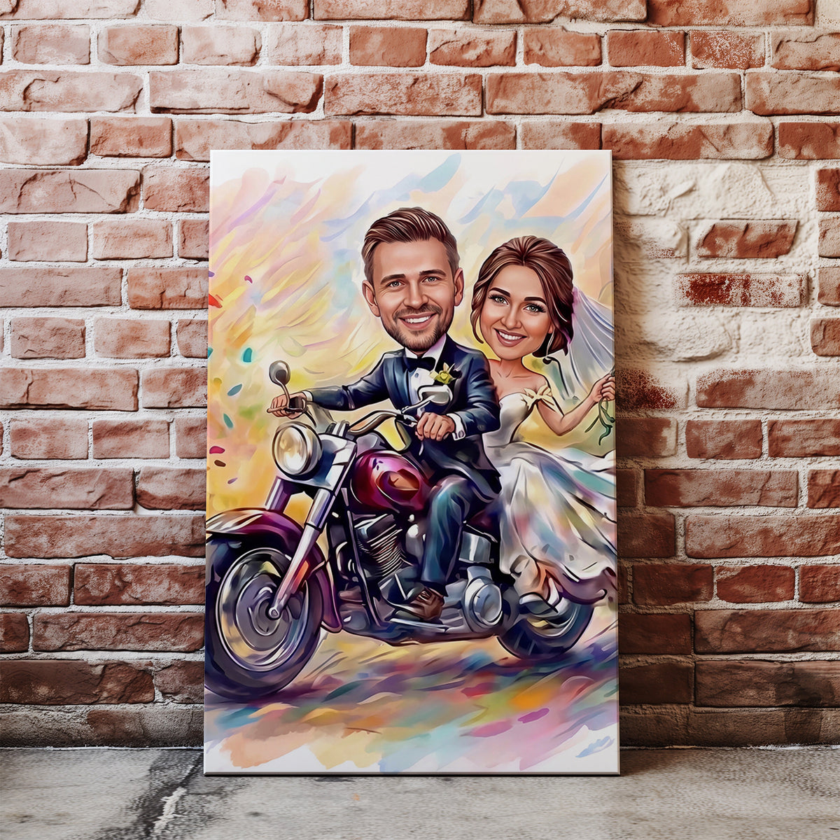 Karykatura ślubna na motocyklu personalizowany prezent na wesele