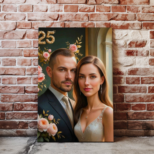 Elegant personalized wedding caricature portrait of bride and groom with pink roses and gold 25 numerals