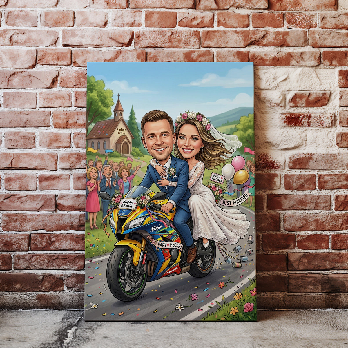 Karykatura ślubna na motocyklu personalizowany prezent na wesele